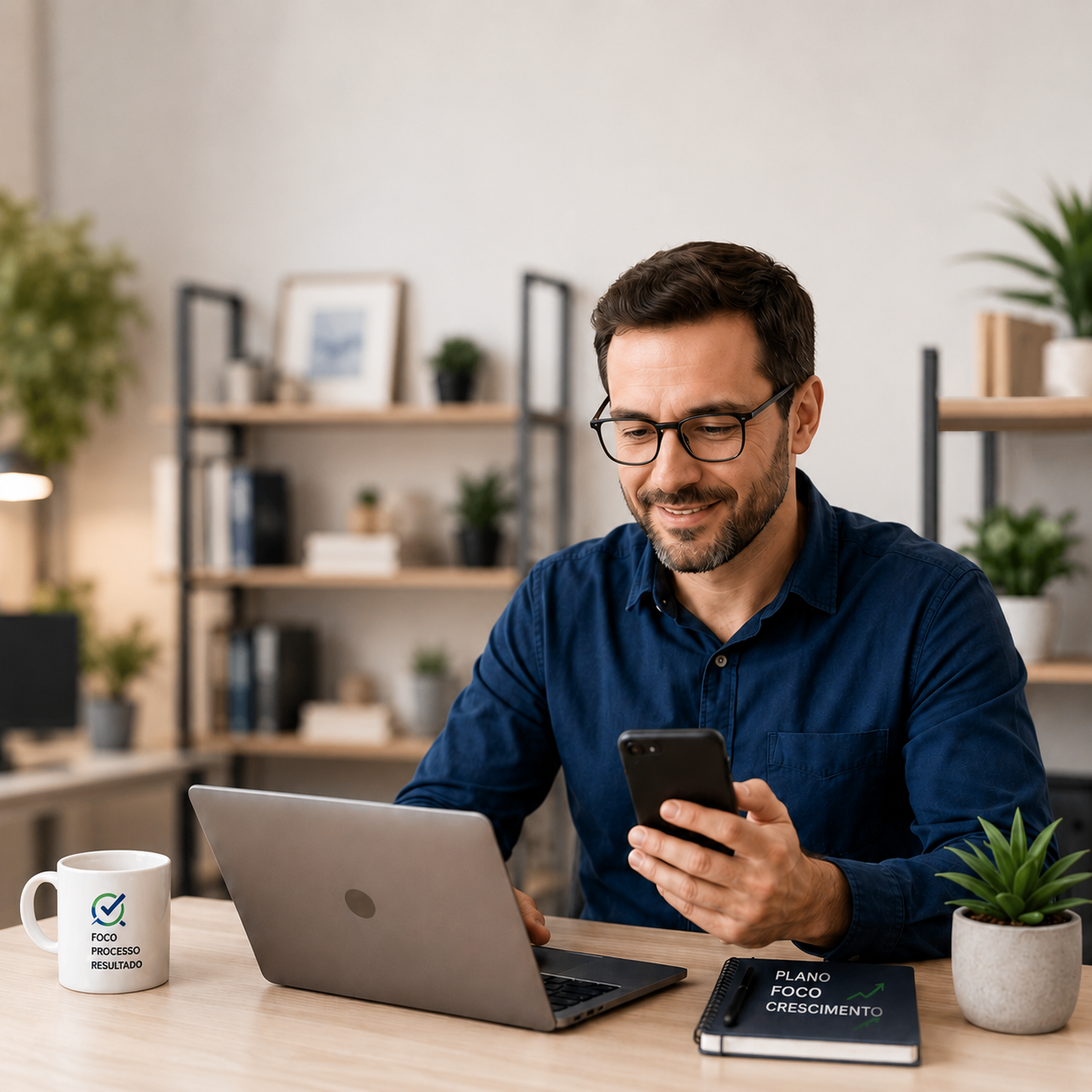 Empresário satisfeito usando celular e notebook em um escritório